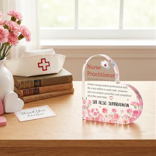 Smile Nurses Week Heart-Shaped Acrylic Tabletop Decor Nurse Practitioner Definition Desktop Plaque with Floral Nurse Cap Indoor Home & Office Decor - style: Nurse