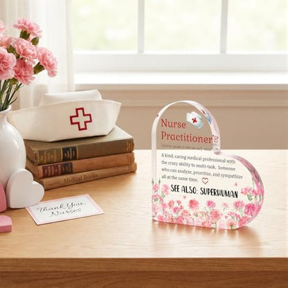Smile Nurses Week Heart-Shaped Acrylic Tabletop Decor Nurse Practitioner Definition Desktop Plaque with Floral Nurse Cap Indoor Home & Office Decor - style: Nurse