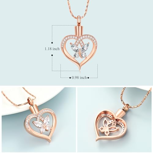 Imrsanl Butterfly Heart Pendant Cremation Urn Necklace for Women - color: Rose Gold-White