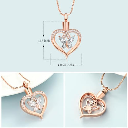 Imrsanl Butterfly Heart Pendant Cremation Urn Necklace for Women - color: Rose Gold-White