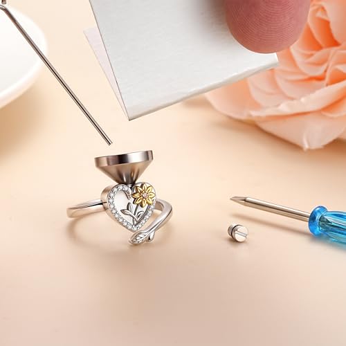 925 Sterling Silver Heart Urn Ring for Ashes for Women - Cremation Jewelry Keepsake Thumb Rings Adjustable with Rose/Sunflower Gift for Lost Of Love Ones Human Adult Pet - style: Heart-Sunflower