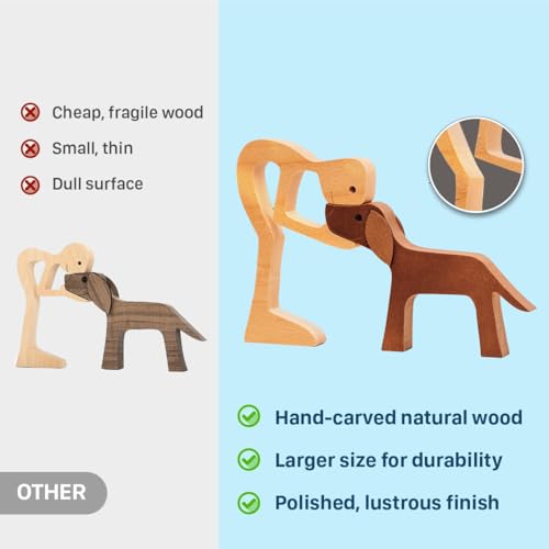 DOPTIKA Wooden Man and Dogs Figurines Home Decor, Wood Pet Carving Gifts for Men, Dog Statue for Bedroom Office Bookshelf Decor, Wooden Dog Memorial Gifts for Loss of Dogs