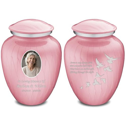 Geturns Embrace Adult Personalized Doves Cremation Urns for Human Ashes I Large Picture Pearl Light Pink Funeral Urn for Adult Men and Women with Double Side Engraving I 200 lbs - color: _Pearl Pink (Double Sided)