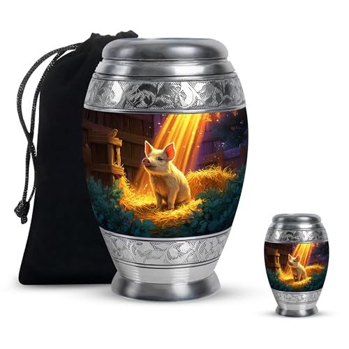 Pig Small Urn for Ashes for Women and Men Remains 3 Inch, 10 Inch Set - Brown Travel Ash Keepsakes for Human Ashes - Sunrays Funeral Urn for Daughter and Son Cremation - color: Pig-3, size: Combo-1