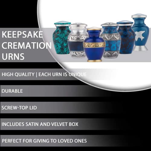 Small Urns for Human Ashes Adult Male or Female - Mini Urns - Cremation Keepsakes with Velvet Box - Memorial Urn and Ash Storage (Blue, 6 Count (Pack of 1))