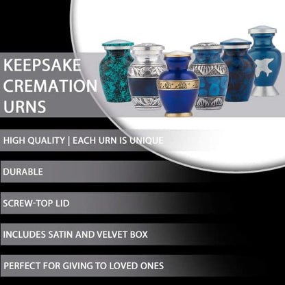 Small Urns for Human Ashes Adult Male or Female - Mini Urns - Cremation Keepsakes with Velvet Box - Memorial Urn and Ash Storage (Blue, 6 Count (Pack of 1))