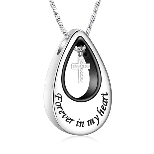 Yinplsmemory Cremation Urn Necklace for Ashes Urn Jewelry Forever in My Heart Stainless Steel Memorial Keepsake Cross Pendant for Human Pet - color: Silver with black