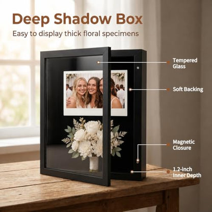 8.5x11 Magnetic Front-Open Shadow Box Frame with Real Glass, Memory Display Case for Dried Flowers, Keepsakes, Photos, Certificates, Wall or Tabletop Decor, Black
