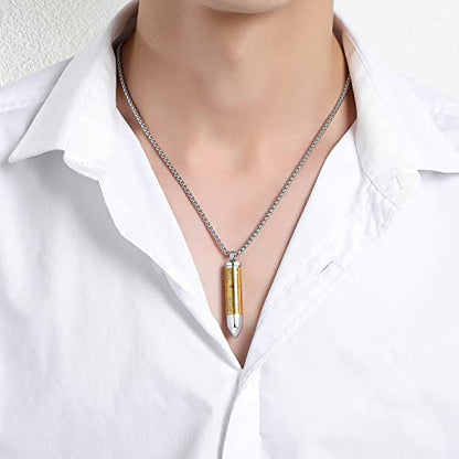 Mens Urn Necklace For Ashes Bullet Shape Cross Cremation Urn Jewelry - color: Silver-Gold