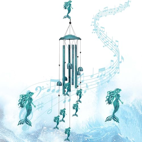 Mermaid Wind Chimes for Outside/Indoors, Mermaid Gifts for Women Mom Grandma, Aluminum Tubes Windchimes S Hook, 37" Wind Chime Hanging Decor for Home Patio Garden Porch Yard (Blue-Mermaid) - color: Blue-mermaid