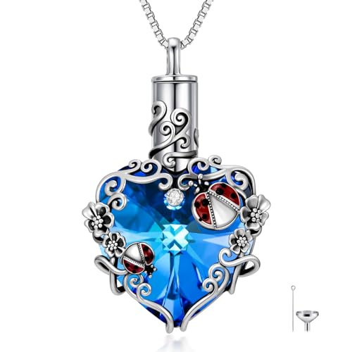 JKR Heart Urn Necklace for Ashes Crystal Keepsake Pendant Memorial Jewelry - style: Ladybug-Blue Heart
