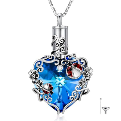 JKR Heart Urn Necklace for Ashes Crystal Keepsake Pendant Memorial Jewelry - style: Ladybug-Blue Heart