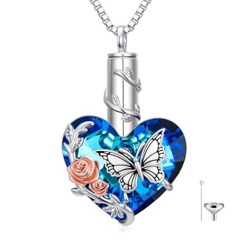 WINNICACA Silver Cremation Urn Necklaces for Ashes of Loved Ones - style: Rose Butterfly Crystal Necklace