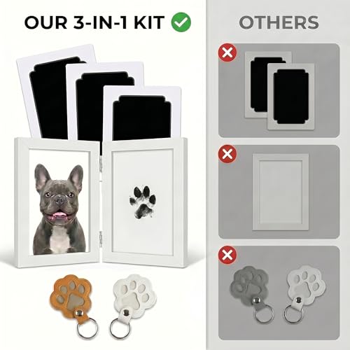 Inkless Pet Paw & Nose Print Kit, Wood Frame Keepsake Gift Set | 3 Inkless Pads, 6 Cards, Hinged Double Wood Frame, 2 Leather Fur Keychains, New Pet, Milestone & Memorial Keepsake