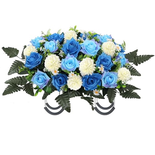 Lodou Artificial Cemetery Flowers,Headstone Flower Saddle,Realistic Vibrant Roses,Cemetery Memorial Flowers for Outdoor Tombstone Decorations (Blue) - color: Blue