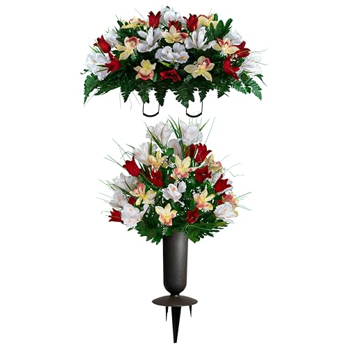 Artificial Cemetery Flowers - Grave Decoration - Red Tulips and White Iris (1) Headstone Saddle (1) Bouquet (1) Vase - color: Red/White, size: (1) Saddle (1) Bouquet (1) Vase