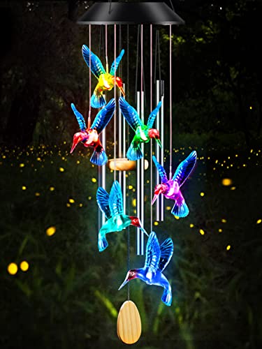 DesGully Wind Chimes,Hummingbird Solar Wind Chimes for Outside Color Changing,4 Aluminum Tubes Wind Bell for Garden/Patio Decor Thanksgiving Gifts for Mom, Wife, Grandma Neighbors(25 Inch Deep Tone) - color: Multicolor