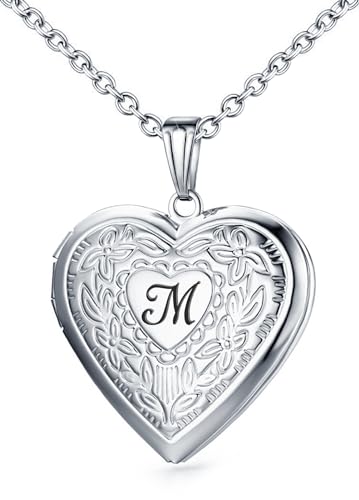 Locket Necklace Holds Pictures Alphabet Initial Letter Love Heart Lockets Photo Memory Locket Necklaces Birthday Gifts - color: Silver, style: M