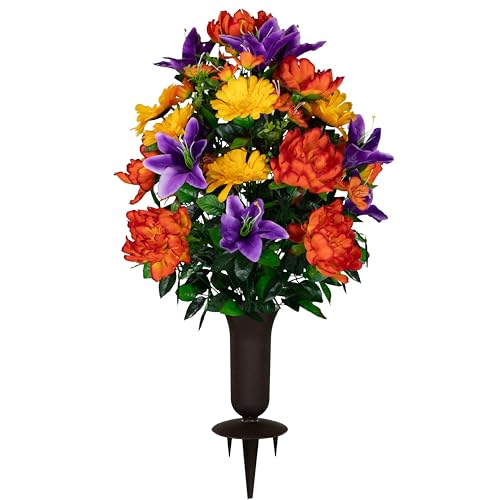Artificial Cemetery Flowers - Gravesite Flowers - Orange Peonies, Purple Lilies, and Yellow Daisies - (1) Bouquet (1) Cemetery Vase - size: Bouquet with Vase