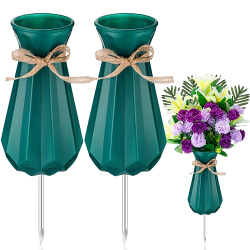 Qinyoung 2 Cemetery Vase for Grave with Metal Spikes Flower Holder,Green | Headstones Memorial Flower Vase, Durable Plastic Cemetery Vase, Outdoor Grave Decorations for Gravestone Memorial Gifts - color: Green