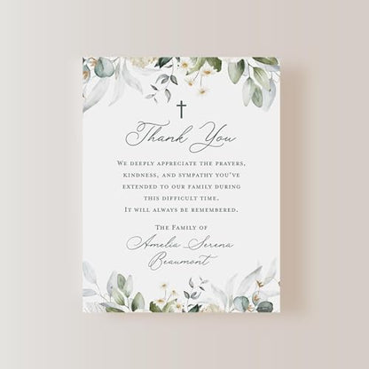 Greenery White Floral Funeral Thank You Cards with Cross | Personalized Sympathy Acknowledgement, 4.25x5.5 Flat Bereavement Notes, Includes Envelopes - color: Greenery White Floral