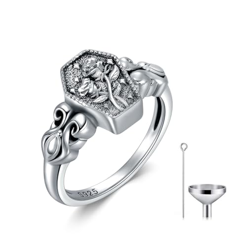 Coffin Urn Ring for Aches Sterling Silver Rose Flower Urn Rings Vintage Cremation Jewelry Gift for Women - size: 7