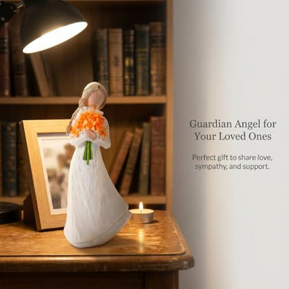 Angel Figurines Guardian Angel Statue Holding Orange Flower Bouquet Elegant White Resin Angel Figurine Hand Painted for Shelf Tabletop Living Room Office Sympathy Gift - color: Orange