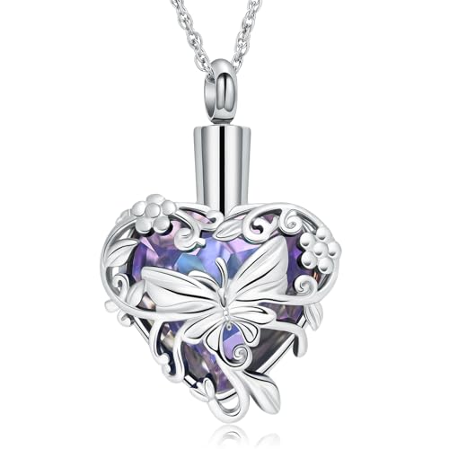 shajwo Butterfly Heart Urn Necklaces Cremation Jewelry for Ashes for Women Men Memorial Human Ashes Pendant - color: A Silver-Purple