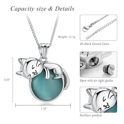 XSMZB Pet Cremation Ashes Jewelry Moonstone Cat Urn Necklace for Ashes for Women Men Lovely Cat Memorial Urn Locket Keepsake Pendant Gift - color: Silver Cat