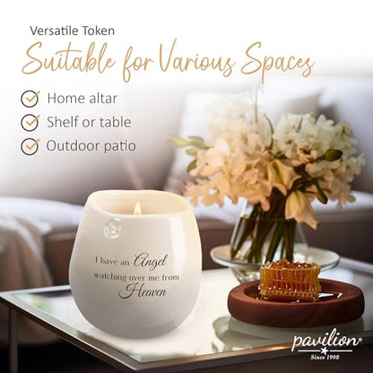 Pavilion Light Your Way Memorial Ceramic Vessel - 100% Soy Wax Candle with "I Have an Angel Watching Over Me From Heaven" Text, Decorative Soy Filled Candle, Scent of Tranquility, 8 oz, White - style: In Memory, Angel Watching