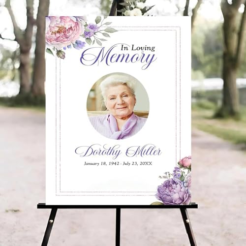Pink and Purple Peonies Funeral Welcome Sign, Celebration of Life Welcome Sign, in Loving Memory Sign, Celebration of Life Funeral Sign, Celebration of Life Sign, Memorial Sign with Photo #Yn1 - color: Version #1