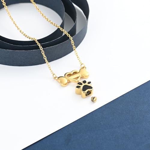 constantlife Paw Print & Bone Pendant Urn Necklace for Pet Ashes | Mini cremation jewelry, stainless steel material, for women men dog lovers, waterproof, with a filling tool kit - color: Golden