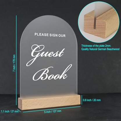 Acrylic Wedding Guest Book Sign for Reception with Wood Stand, 5 x 7 | Wedding signage encourages guests to sign the guest book; frosted acrylic table sign with white text and beech wood stand. - size: Guest Book Sign