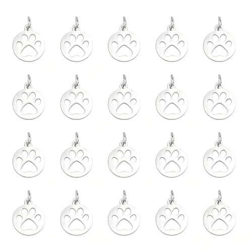 UNICRAFTALE 20Pcs Cute Dog Paw Print Charm 14Mm Flat Round Stainless Steel Charm Pendants, Puppy Pet Animal Footprint for DIY Necklace Jewelry Making