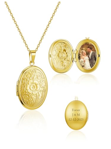Custom Photo Locket Necklace Women Personalized Text Birth Flower Necklace that Hold Picture Stainless Steel Memorial Jewelry for Mothers Day Christmas - color: Gold Floral Lokcet Necklace