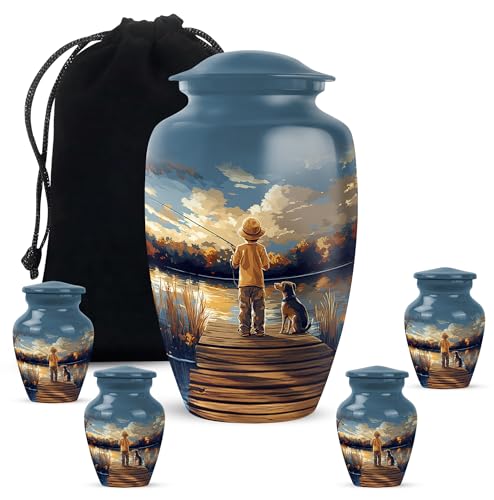 Fishing Adult Cremation Funeral Urn for Human Ashes, Keepsake Memorial Gift, Beautiful Handcrafted Small Urns for Ash, Combo, Blue (10 Inch & 3 Inch Mini Set of 3) - color: Fishing Urn -2, size: 10"+3"Combo-3