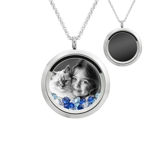 Laser Engraved Personalized Photo & Text Message Floating Locket Crystals Necklace Pendant Handmade Love Note Anniversary Wedding Birthday Gift - style: Blue - Photo Engraving
