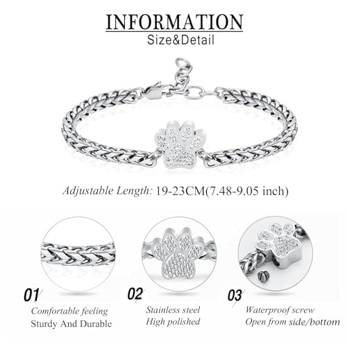 zeqingjw Urn Bracelet for Pets Ashes Pet Cremation Jewelry Stainless Steel Paw Print Pet Memorial Bracelet Pet/Dog's/Cat's Ashes Keepsake for Women Men - color: Silver