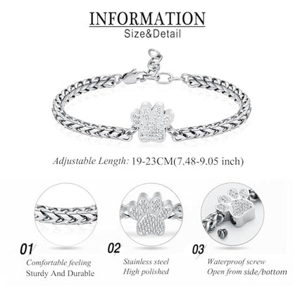 zeqingjw Urn Bracelet for Pets Ashes Pet Cremation Jewelry Stainless Steel Paw Print Pet Memorial Bracelet Pet/Dog's/Cat's Ashes Keepsake for Women Men - color: Silver