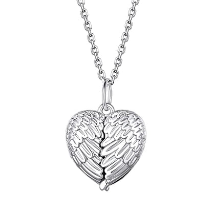 Bestyle Sterling Silver Heart Locket Necklace for Women, Dainty Cute Small Heart Locket Pendant in Gold/Rose Gold/Silver, Love Statement Jewelry Gift for Mother Wife - color: D1. Angel Wing-Silver-Locket Only, NO Custom