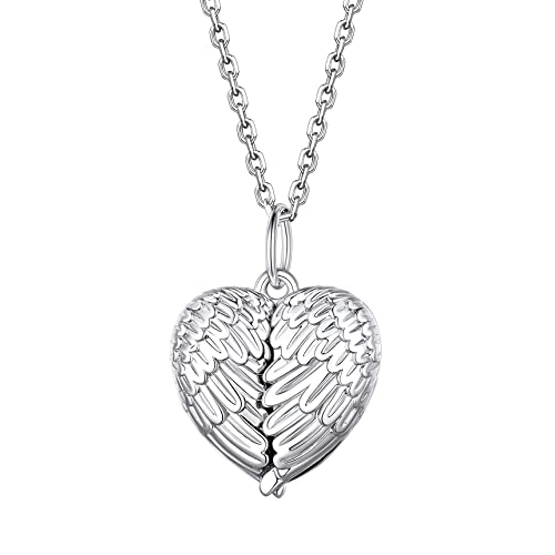 Bestyle Sterling Silver Heart Locket Necklace for Women, Dainty Cute Small Heart Locket Pendant in Gold/Rose Gold/Silver, Love Statement Jewelry Gift for Mother Wife - color: D1. Angel Wing-Silver-Locket Only, NO Custom