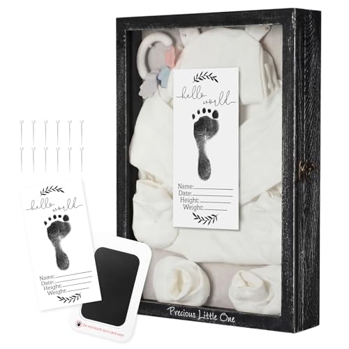 Jetec 12 x 16 Baby Shower Shadow Box Large Baptism Gift Baby Keepsake Box with Linen Back Hello World Newborn Sign Ink Pad Wood Memory Frame Case for Gender Reveal New Dad Mom Keepsake(Black) - color: Black