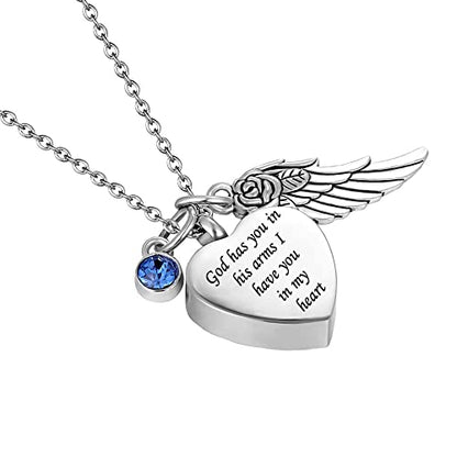 God has You in his arms with Angel Wing Charm Cremation Ashes Jewelry Keepsake Memorial Urn Necklace with Birthstone Crystal - color: July