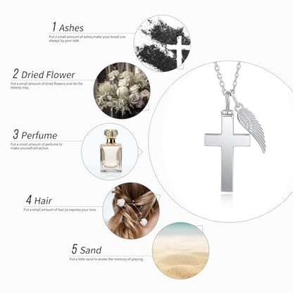 BEILIN Angel Wings Cross Cremation Urn Pendant Necklace Jewelry for Women | 925 Sterling Silver, Cross Souvenir Ashes Pendant, Cremation Jewelry for Human Pets, Memorial Keepsake, Hypoallergic