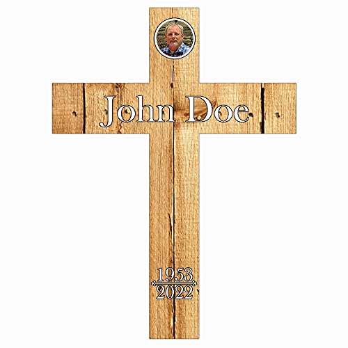 PK Décor Faux Wood Cross - Grave Picture For Cemetery Waterproof - Sympathy Engraved Gift - Cross Memorial Stake - Funeral Yard Sign Custom - Last Minute (Cross Antique Pine) - style: Cross Antique Pine