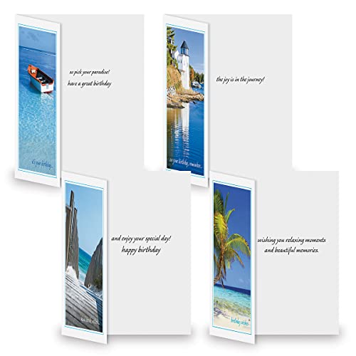 Current Waterside Happy Birthday Greeting Card Set - Value Pack of 20 Cards With White Envelopes, 10 Tropical Beach Lighthouse Designs, Large 5" x 7" Assortment - color: Waterside