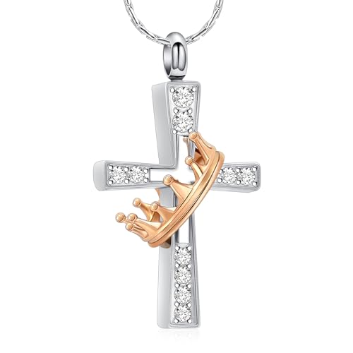 Crown Cross Cremation Necklace Ashes Jewelry Memorial Urn Pendant | stainless steel material, for women men, waterproof sealed ring & lobster clasp keep ashes secure, with a filling tool - color: Rose gold