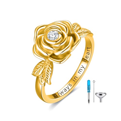 925 Sterling Silver Rose Flower Cremation Urn Ring Holds Loved Ones Ashes Cremation Keepsake Ring Jewelry Embellished with Crystals from Austria - color: Gold