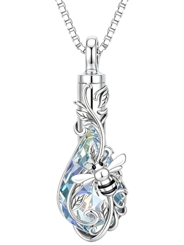 Urn Necklace for Ashes Butterfly/Dragonfly/Ladybug/Bee/Hummingbird Crystal Teardrop Ash Necklace Keepsake Pendant Cremation Jewelry Memorial Gift for Women With Funnel Filler - color: Bee