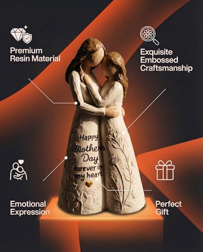 iStatue Best Gift for Mom from Daughter, Hand-Painted Mother and Daughter Figurine - Happy Mother’s Day Forever in My Heart Resin Statue Heartwarming Birthday Gift, Home Decor (Beige)
